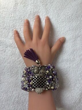 Whimsical Boho Owl Cuff Bracelet -
Purple & Pearl Beadwork - One-Of-A-Kind